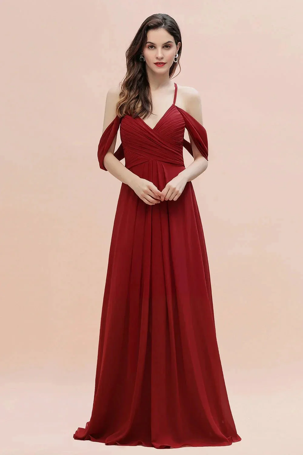 Elegant A-line Off-the-Shoulder V-neck Ruched Long Bridesmaid Dress - Image 2