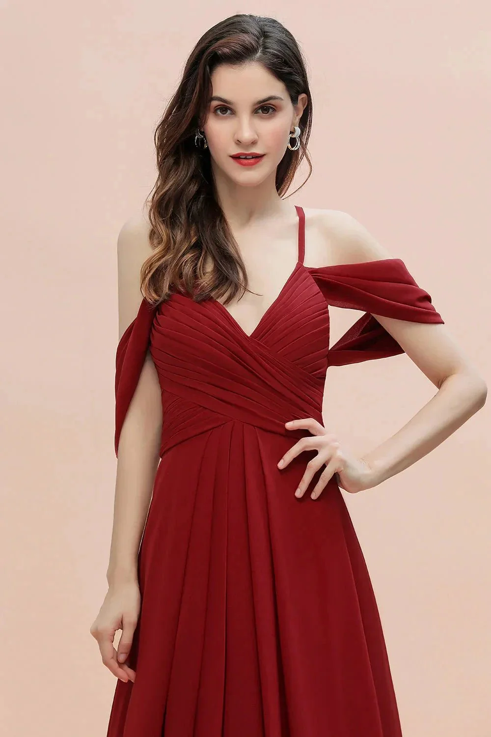 Elegant A-line Off-the-Shoulder V-neck Ruched Long Bridesmaid Dress - Image 3