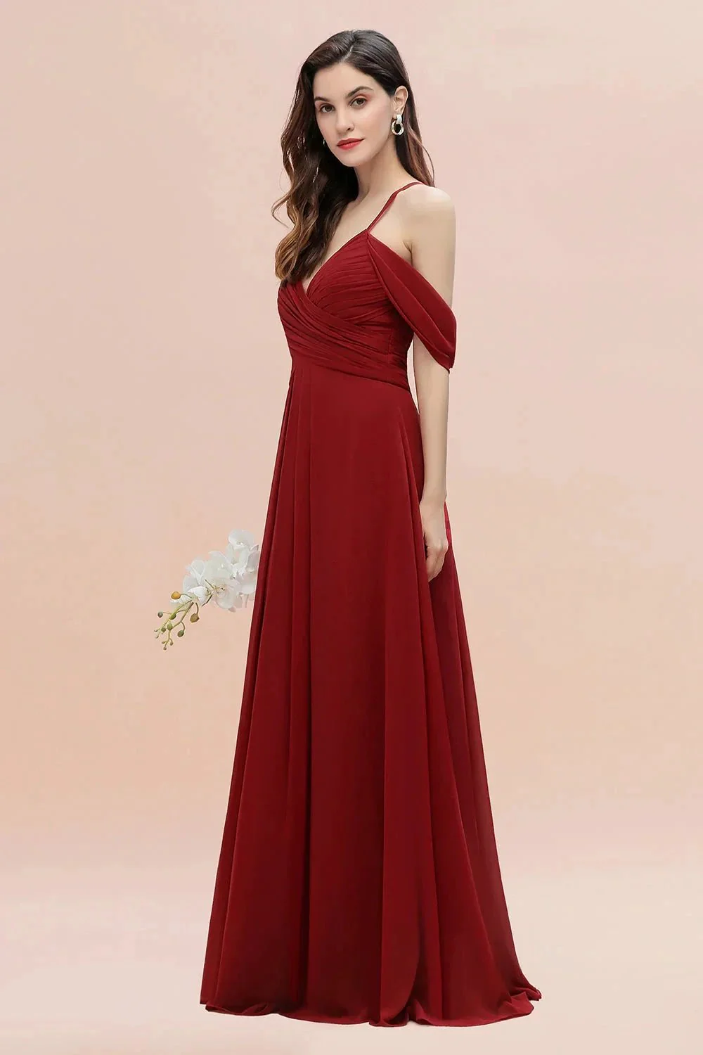 Elegant A-line Off-the-Shoulder V-neck Ruched Long Bridesmaid Dress - Image 4