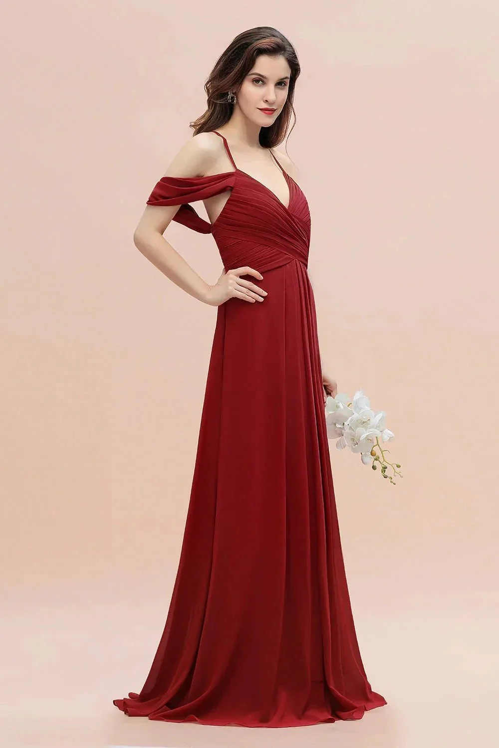 Elegant A-line Off-the-Shoulder V-neck Ruched Long Bridesmaid Dress - Image 5