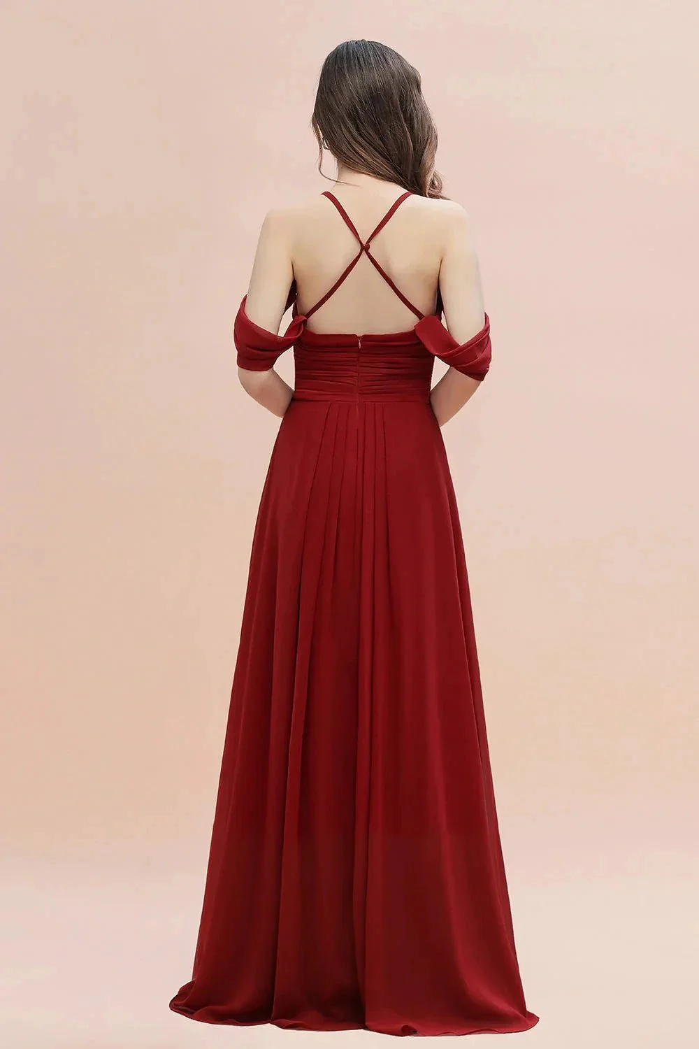 Elegant A-line Off-the-Shoulder V-neck Ruched Long Bridesmaid Dress - Image 6
