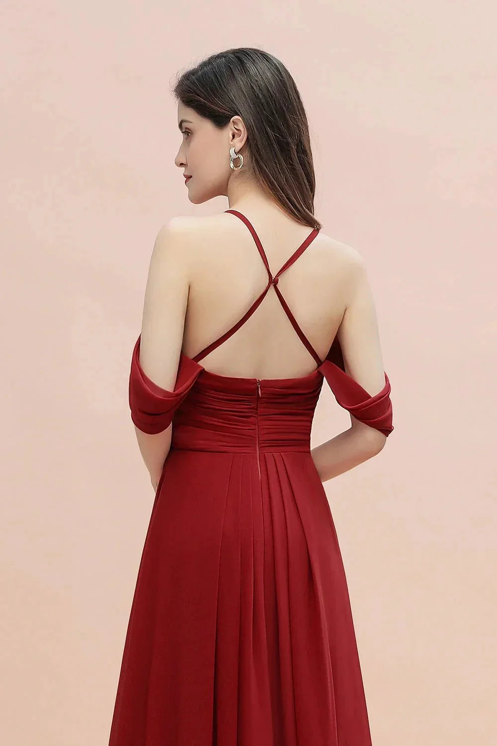 Elegant A-line Off-the-Shoulder V-neck Ruched Long Bridesmaid Dress - Image 7