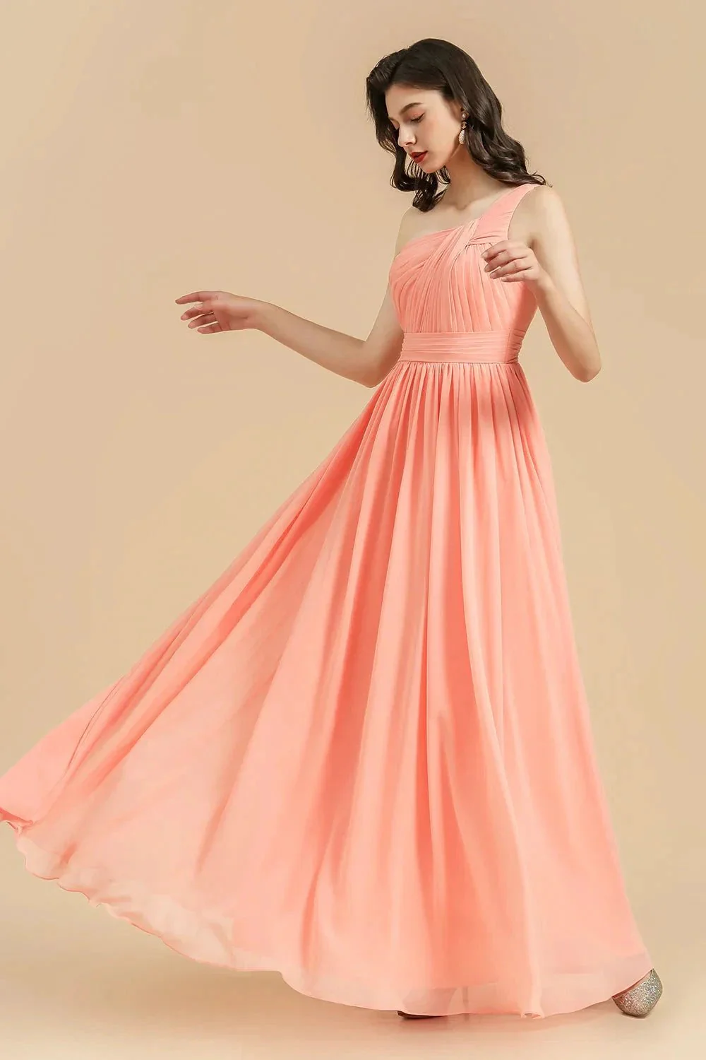 Elegant A-line One Shoulder Coral Chiffon Long Bridesmaid Dress - Image 2