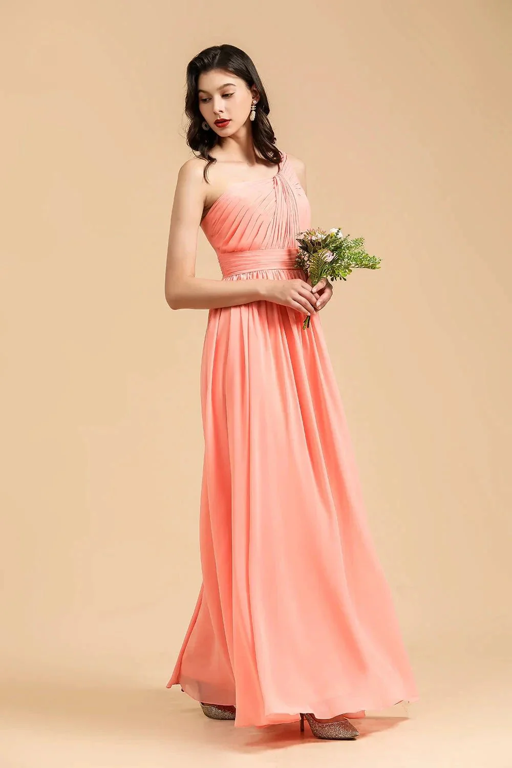 Elegant A-line One Shoulder Coral Chiffon Long Bridesmaid Dress - Image 3