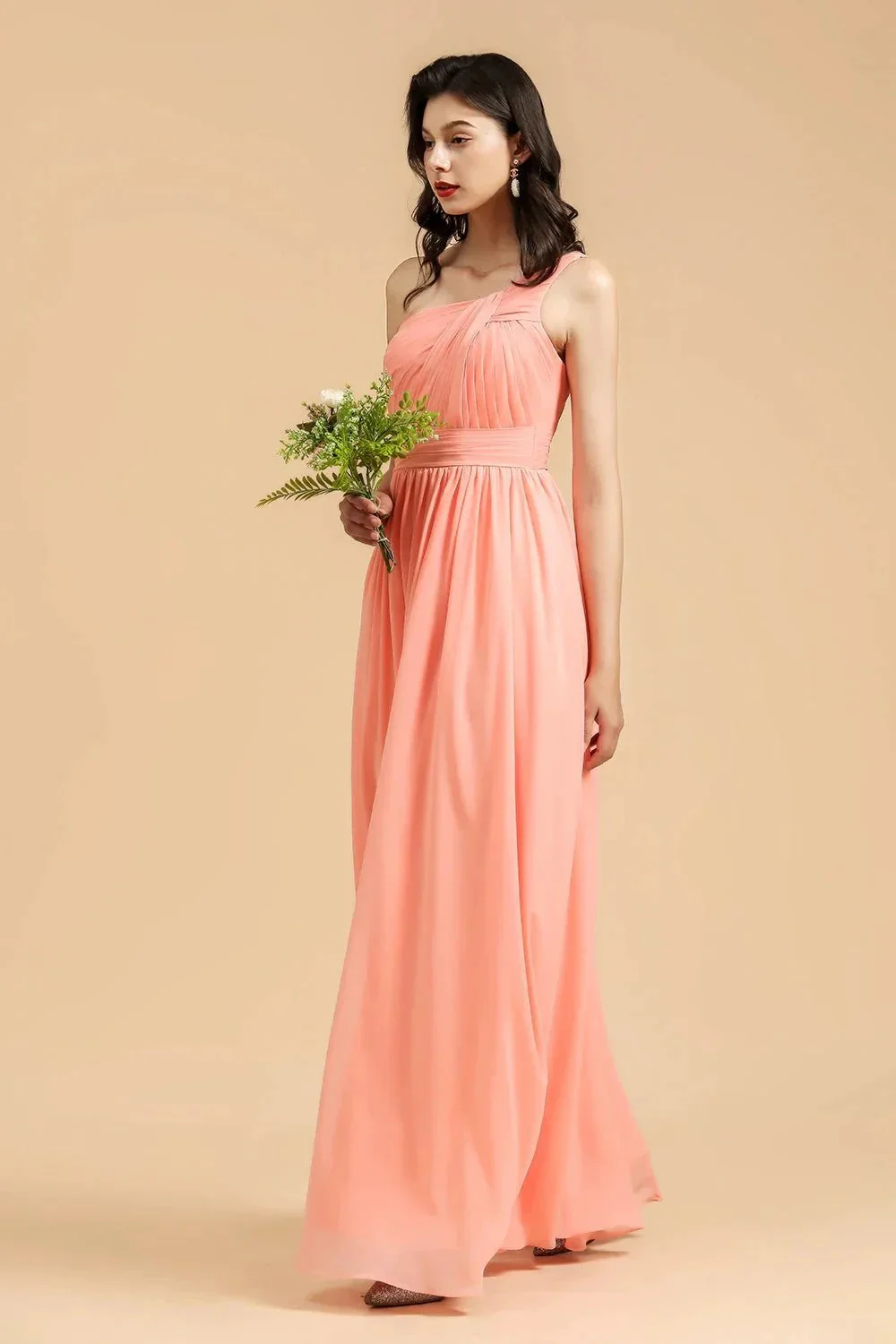 Elegant A-line One Shoulder Coral Chiffon Long Bridesmaid Dress - Image 4