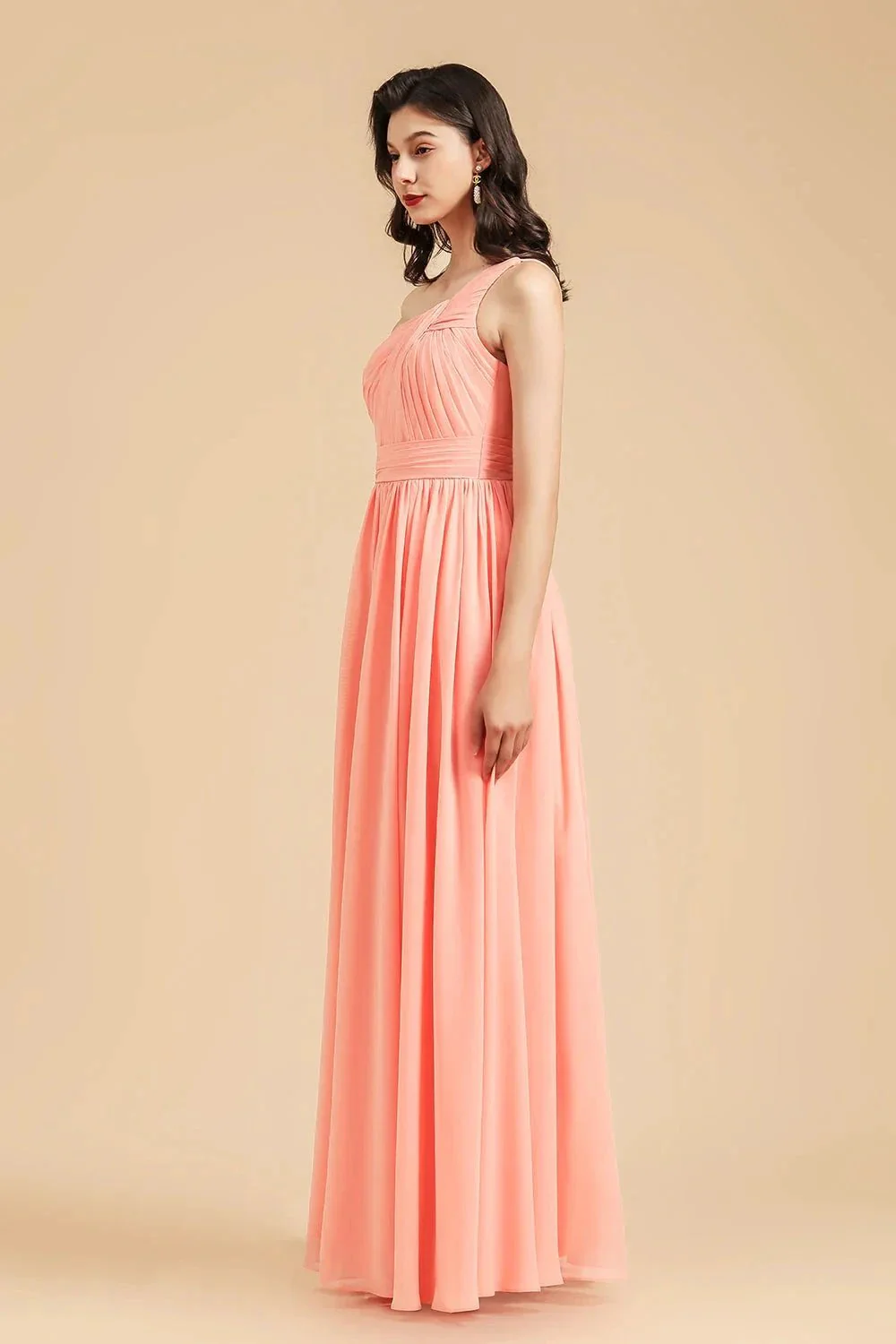Elegant A-line One Shoulder Coral Chiffon Long Bridesmaid Dress - Image 5
