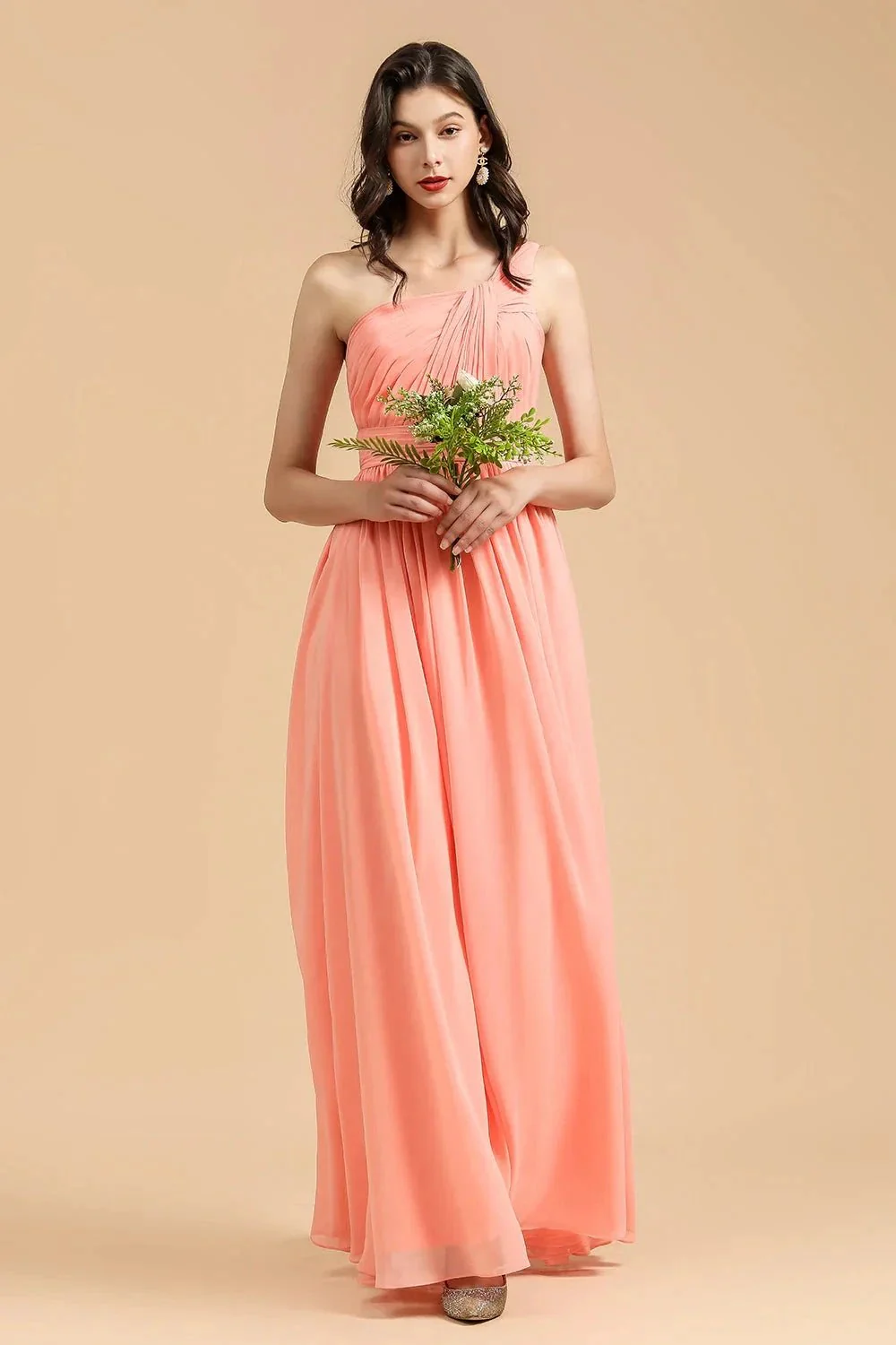 Elegant A-line One Shoulder Coral Chiffon Long Bridesmaid Dress - Image 6