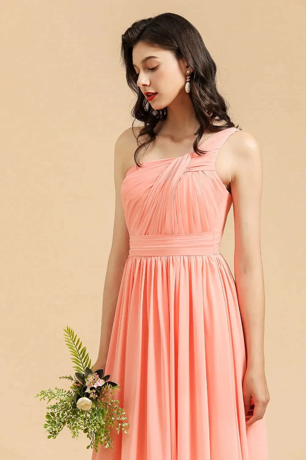 Elegant A-line One Shoulder Coral Chiffon Long Bridesmaid Dress - Image 7
