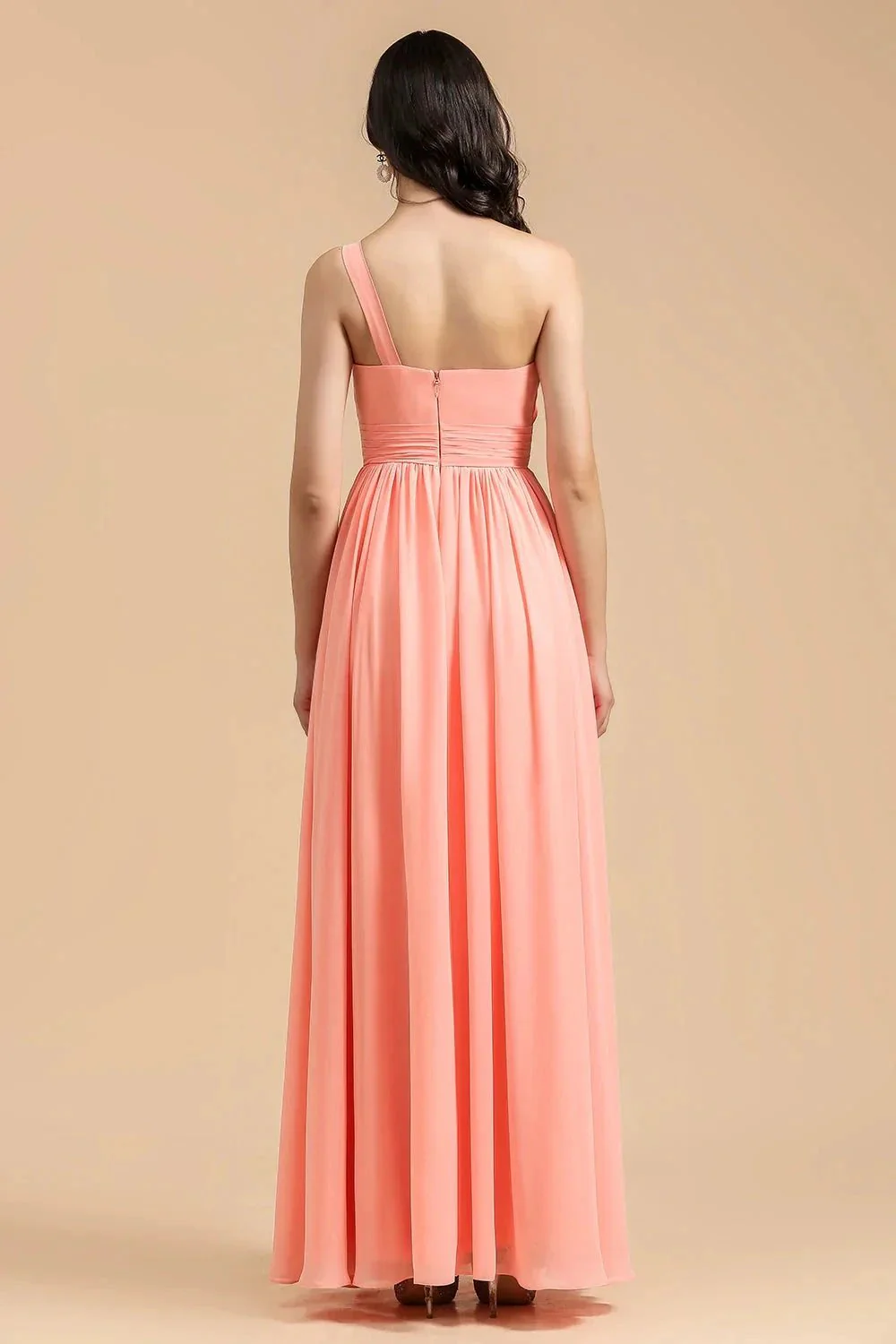 Elegant A-line One Shoulder Coral Chiffon Long Bridesmaid Dress - Image 8