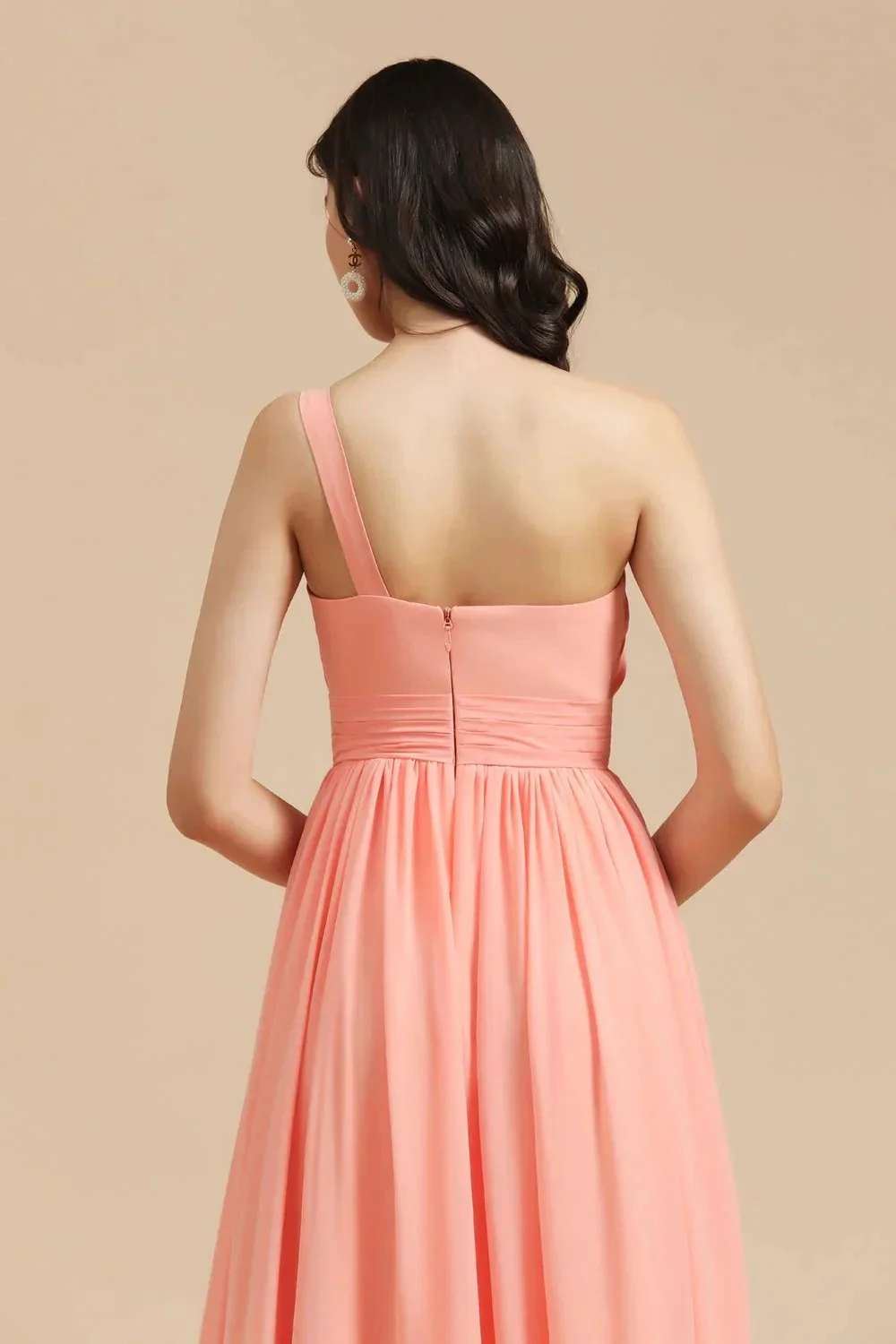 Elegant A-line One Shoulder Coral Chiffon Long Bridesmaid Dress - Image 9