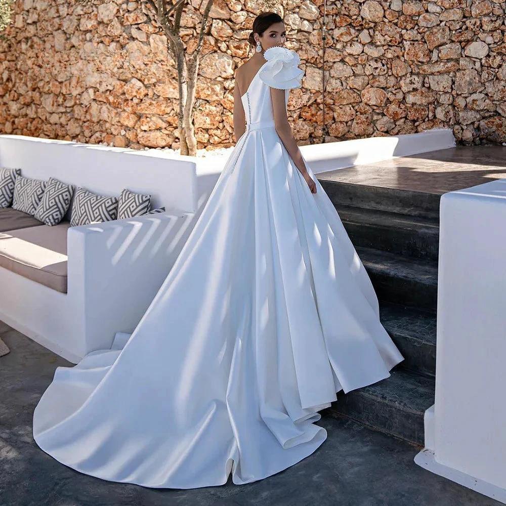 Elegant A-Line One Shoulder Stain Wedding Dress Beading Sleeveless Bridal Gowns For Women Custom Made Vestido De Novia - Image 2