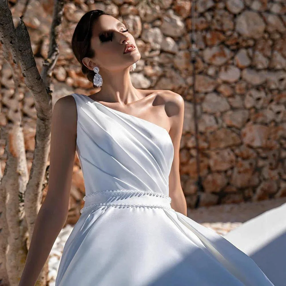 Elegant A-Line One Shoulder Stain Wedding Dress Beading Sleeveless Bridal Gowns For Women Custom Made Vestido De Novia - Image 3