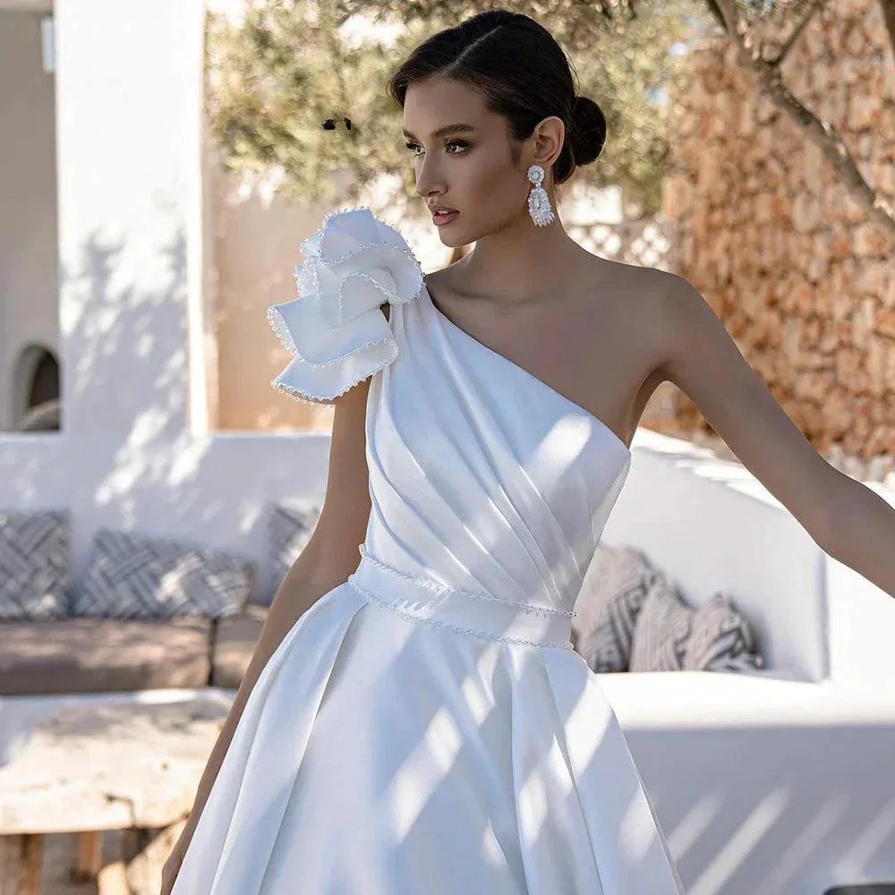 Elegant A-Line One Shoulder Stain Wedding Dress Beading Sleeveless Bridal Gowns For Women Custom Made Vestido De Novia - Image 4