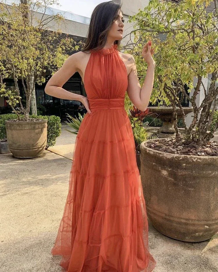 Elegant A-line Orange Sleeveless Tulle Prom Dress Orange Evening Dress Y5327 - Image 2