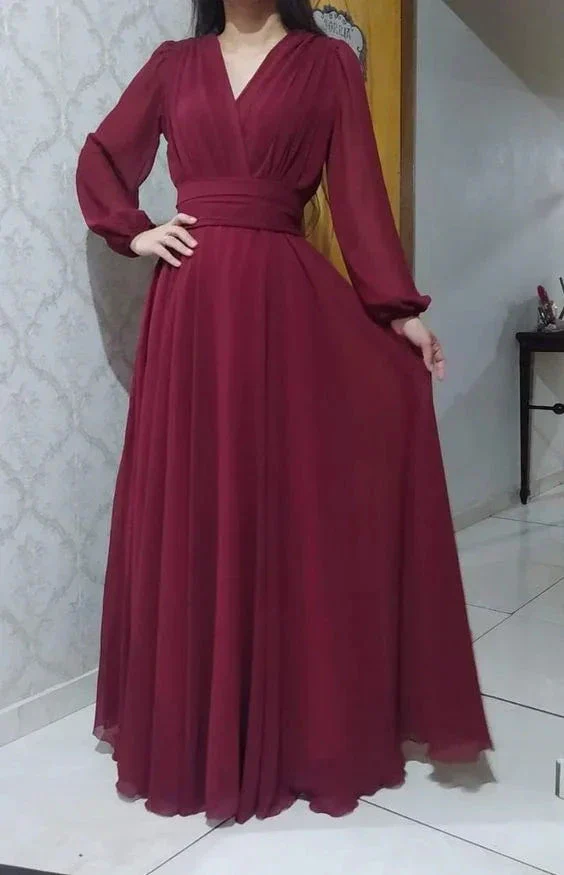 Elegant A-line Pure Color V Neck Floor Length Evening Dresses Y5817 - Image 2