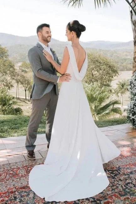 Elegant A-Line Satin Sleeveless White Wedding Dress With Train - Image 2