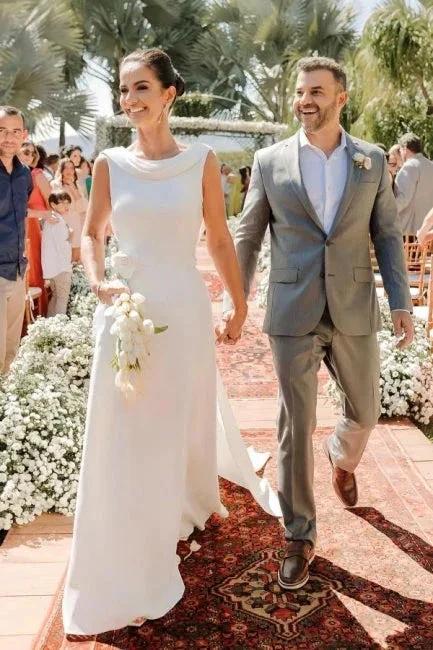 Elegant A-Line Satin Sleeveless White Wedding Dress With Train - Image 3