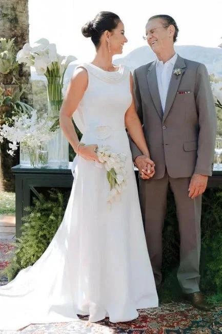 Elegant A-Line Satin Sleeveless White Wedding Dress With Train - Image 4