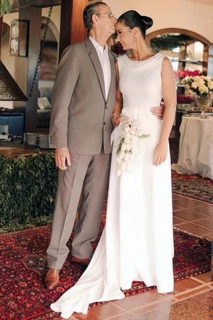 Elegant A-Line Satin Sleeveless White Wedding Dress With Train - Image 5