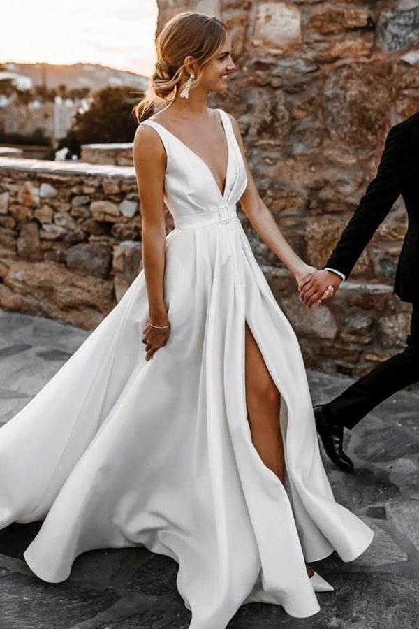 Elegant  A-line Satin V-neckline Sweep Train Wedding Dresses WD564 - Image 2
