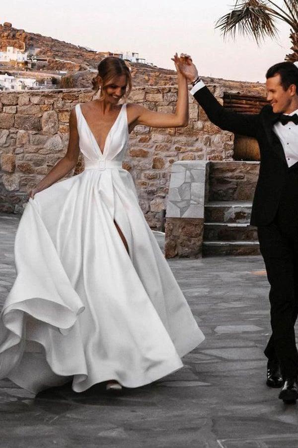 Elegant  A-line Satin V-neckline Sweep Train Wedding Dresses WD564 - Image 3