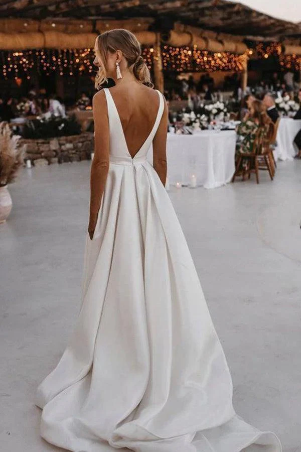 Elegant  A-line Satin V-neckline Sweep Train Wedding Dresses WD564 - Image 5