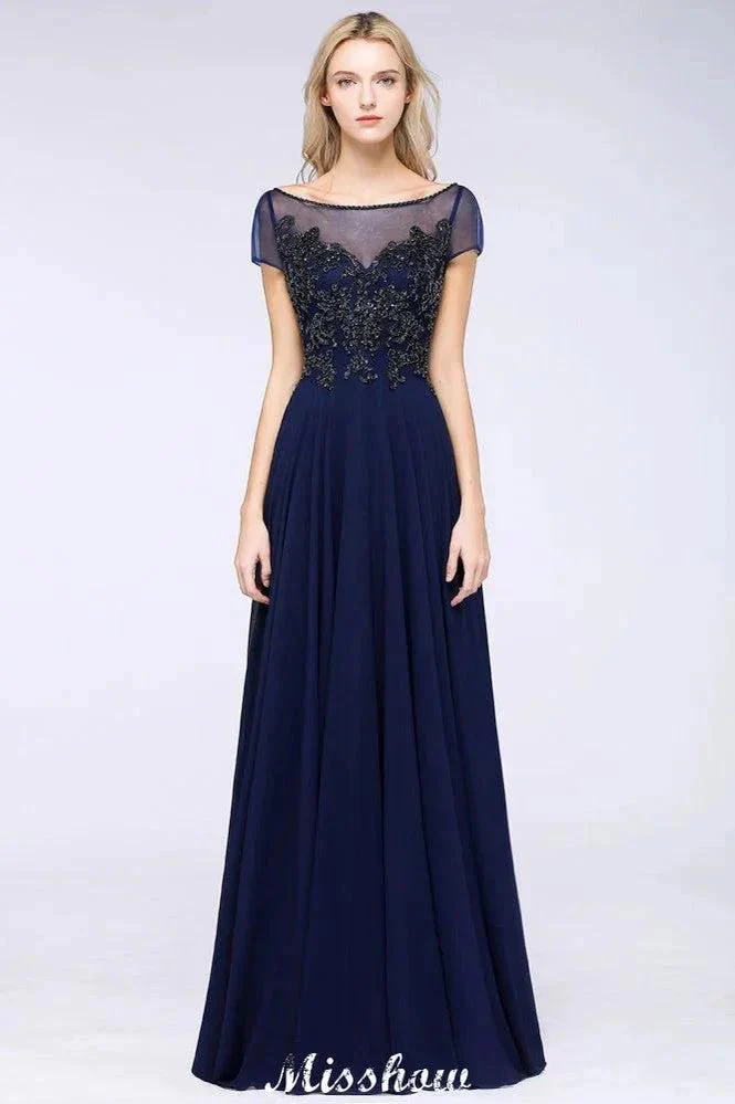 Elegant A-Line Short Sleeve Appliques Beads Bridesmaid Dresses Floor-Length Evening Dress - Image 3