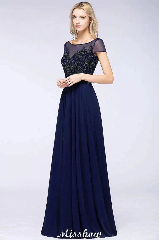 Elegant A-Line Short Sleeve Appliques Beads Bridesmaid Dresses Floor-Length Evening Dress - Image 5