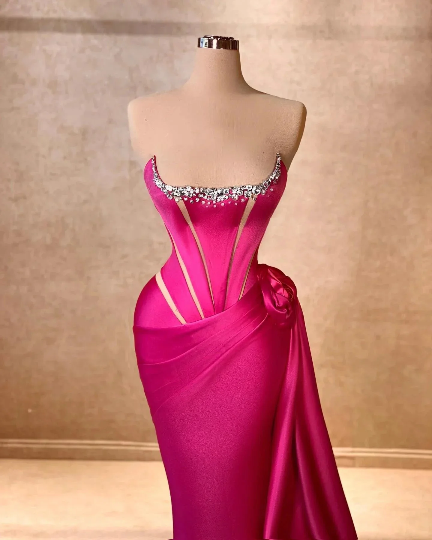 Elegant Column Square Sleeveless Rhinestone Satin Fuchsia Long Prom Dress - Image 2