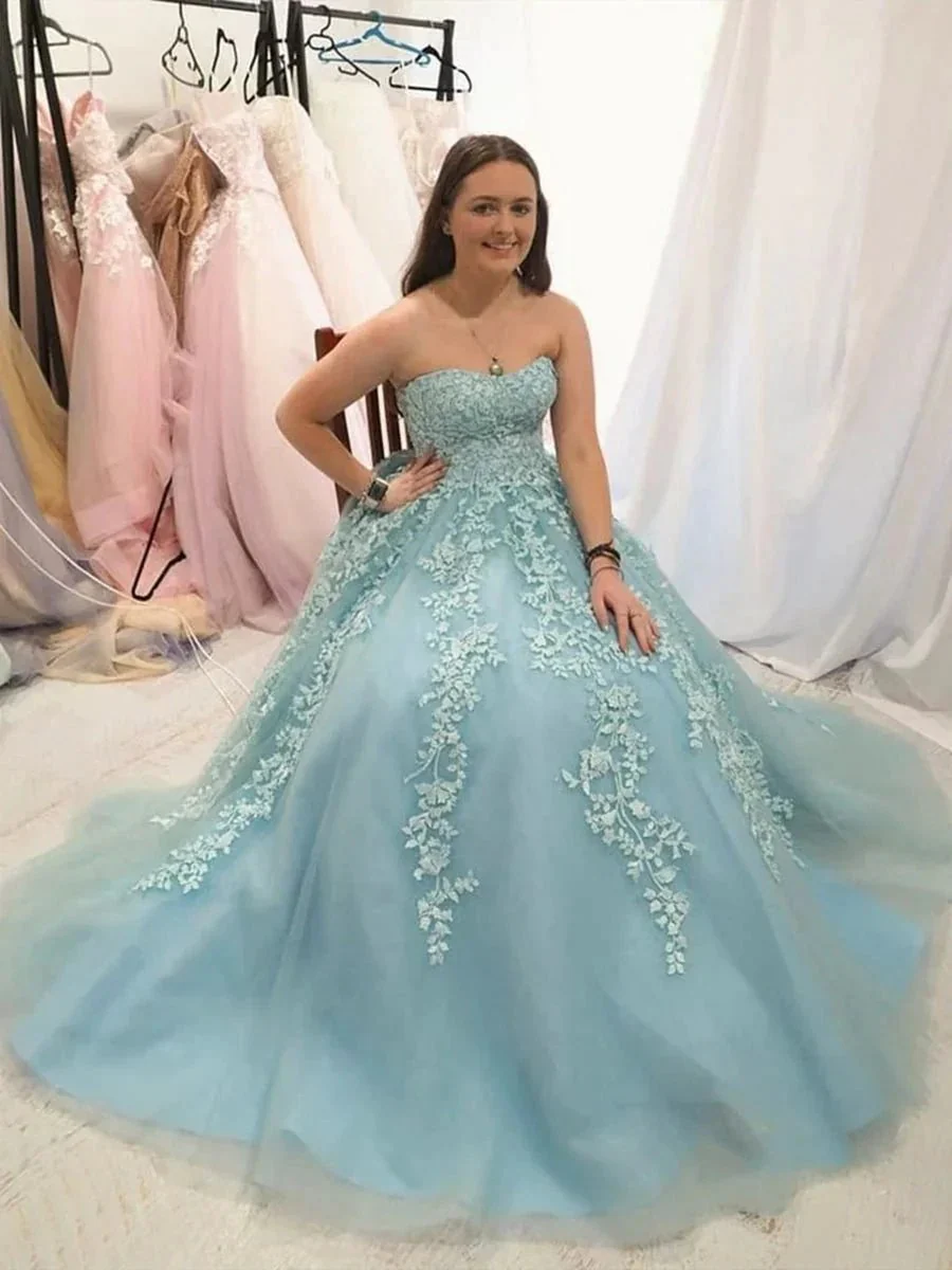 Elegant A-line Strapless Tulle Lace Formal Graduation Dresses Long Prom Gowns - Image 2