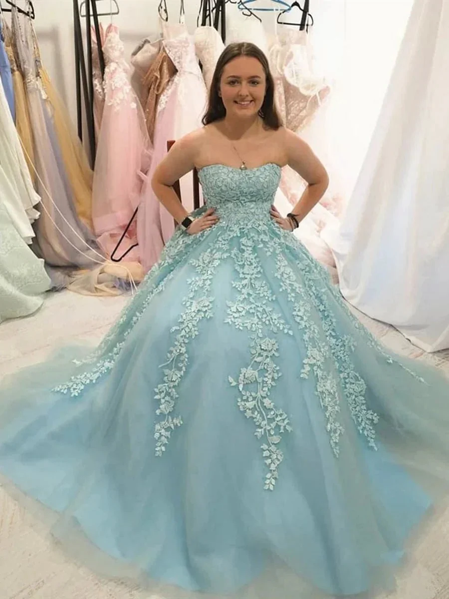Elegant A-line Strapless Tulle Lace Formal Graduation Dresses Long Prom Gowns - Image 3