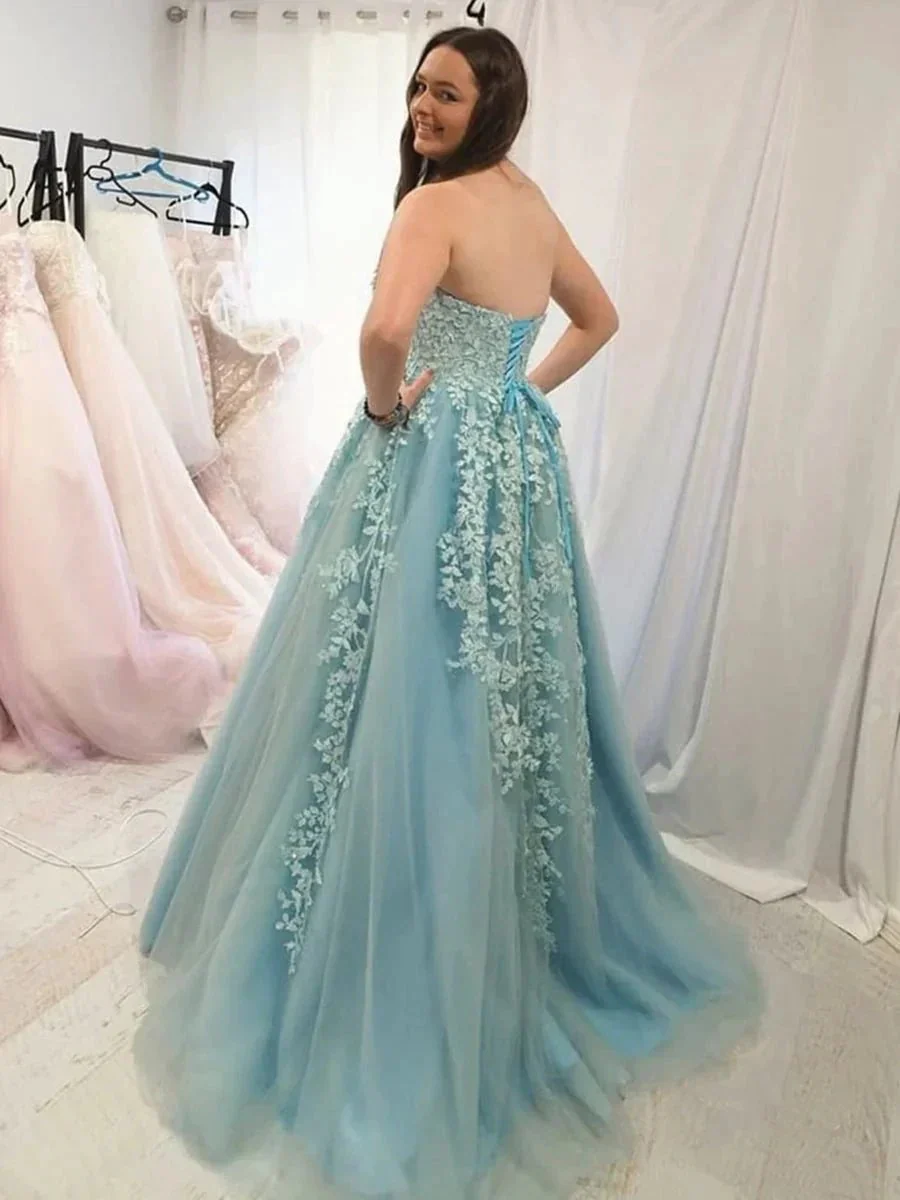 Elegant A-line Strapless Tulle Lace Formal Graduation Dresses Long Prom Gowns - Image 4