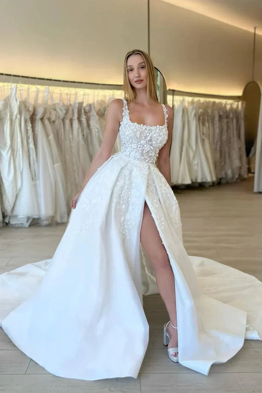 Elegant A-line Straps Flowers Sleeveless Lace Wedding Dress With Slit - Image 2