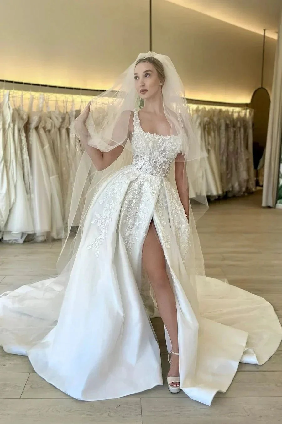 Elegant A-line Straps Flowers Sleeveless Lace Wedding Dress With Slit - Image 3