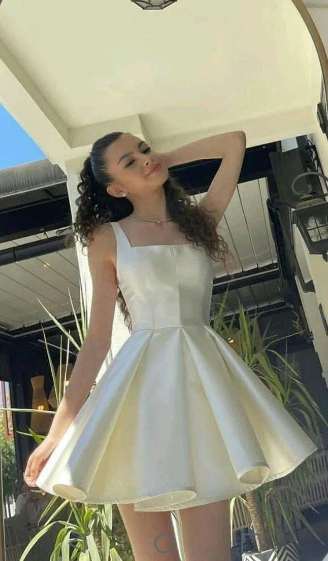 Elegant A Line Straps Ivory Satin Short Homecoming Dress Birthday Dress Y7658 - Image 2