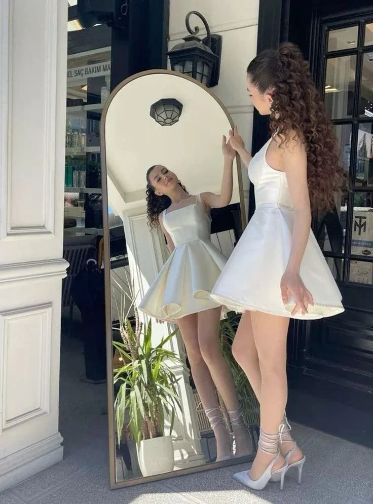 Elegant A Line Straps Ivory Satin Short Homecoming Dress Birthday Dress Y7658 - Image 3