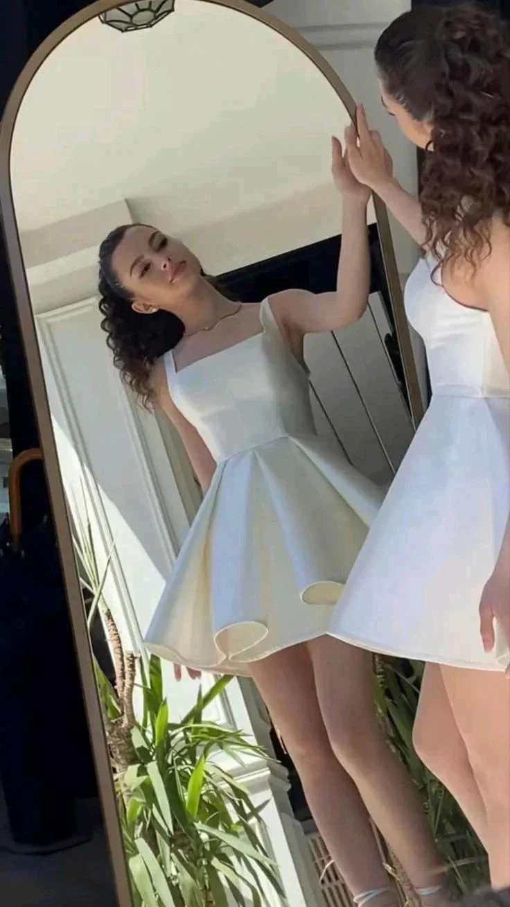 Elegant A Line Straps Ivory Satin Short Homecoming Dress Birthday Dress Y7658 - Image 5