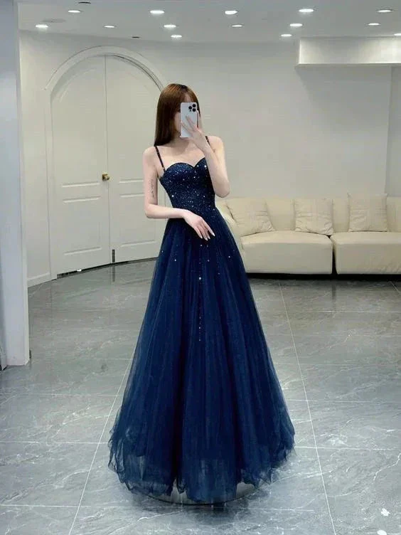 Elegant A line Straps Tulle Navy Blue Prom Dresses Formal Evening Dress Y6776 - Image 2