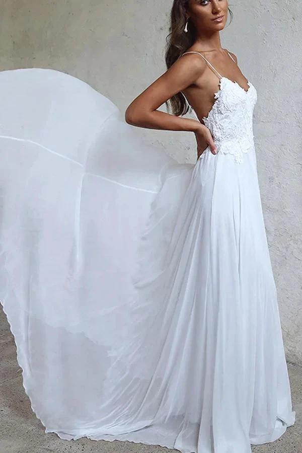 Elegant A-line Straps White Long Chiffon Beach Wedding Dress WD102 - Image 2