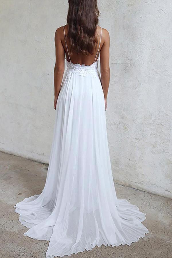 Elegant A-line Straps White Long Chiffon Beach Wedding Dress WD102 - Image 3