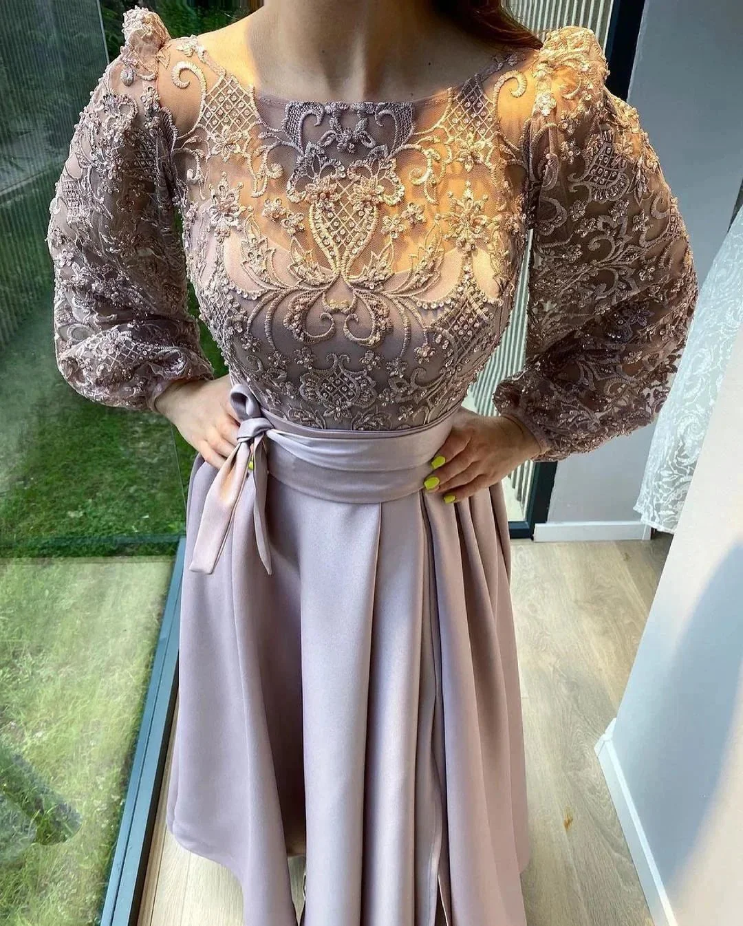Elegant A-line Stretch Satin Front Slit Prom Dress with Sleeves - Image 3