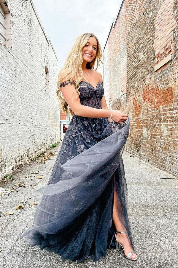 Elegant A Line Sweetheart Neck Tulle Lace Off Shoulder Long Prom Dress PSK423 - Image 2