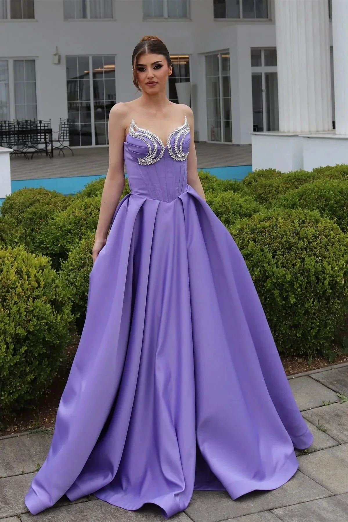 Elegant A-Line Sweetheart Sleeveless Ruffles Satin Purple Prom Dress - Image 2