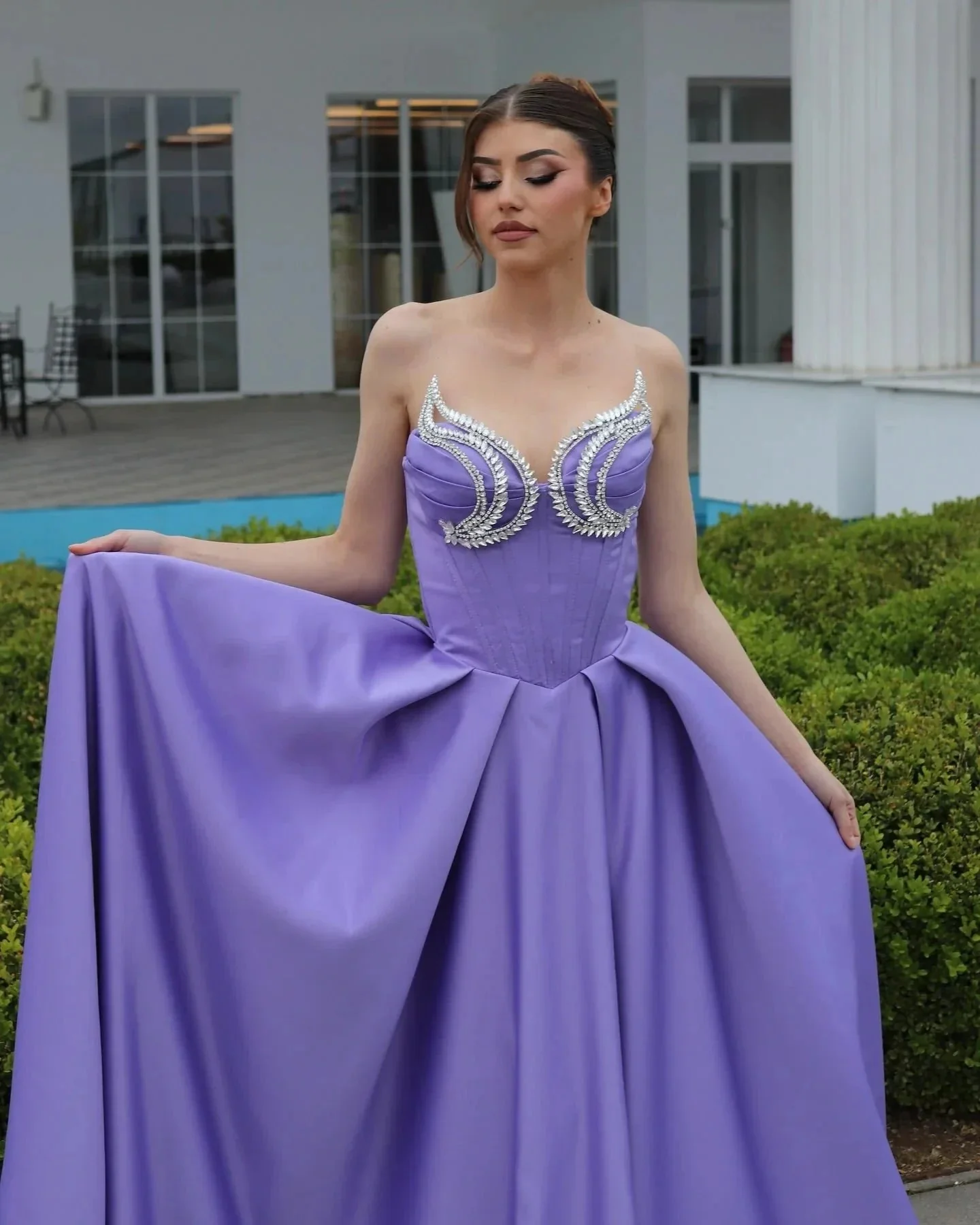 Elegant A-Line Sweetheart Sleeveless Ruffles Satin Purple Prom Dress - Image 3