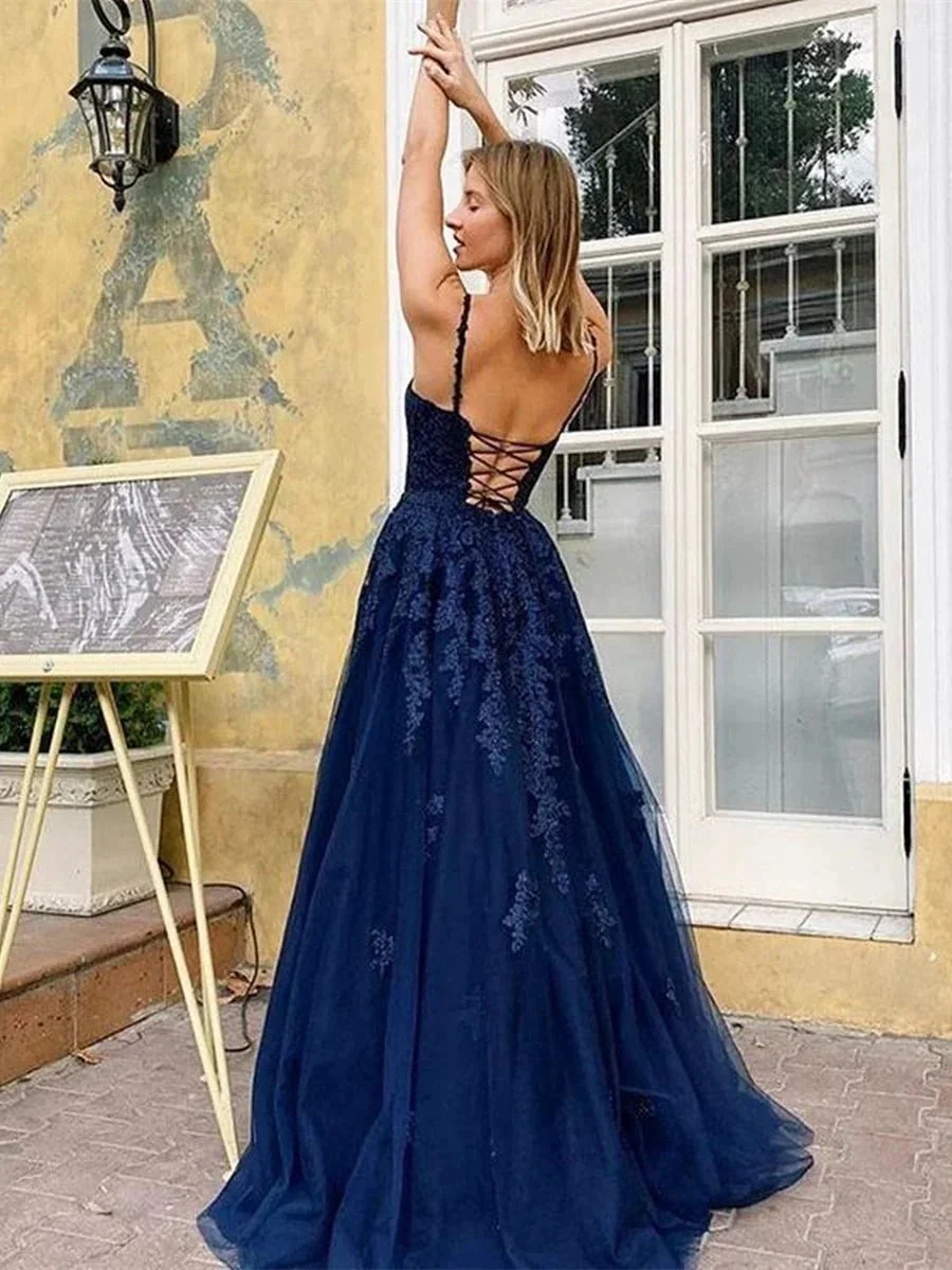 Elegant A Line V Neck Backless Lace Long Prom Dresses Dark Navy Formal Evening Gowns - Image 2