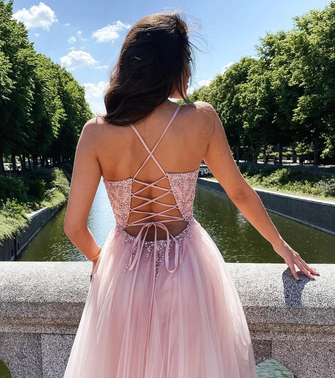 Elegant A-line V-neck Beading Tulle Long Prom Dress Backless - Image 3