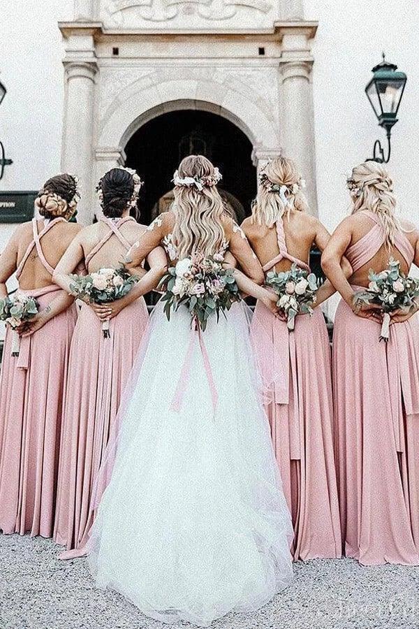 Elegant A Line V Neck Elastic Satin Pink Pleats Long Bridesmaid Dresses  BD084 - Image 2