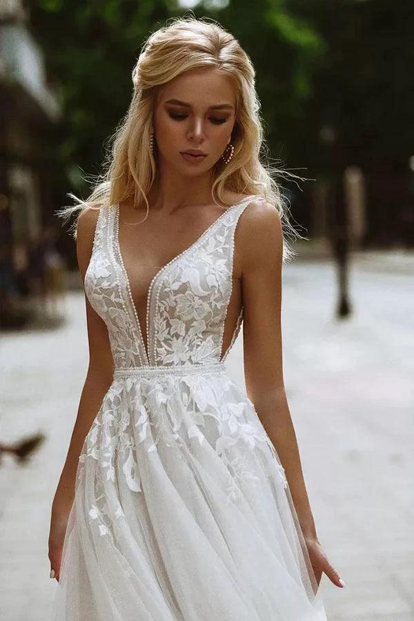 Elegant A-line V Neck Lace Beach Wedding Dresses Bridal Gown  WD607 - Image 2