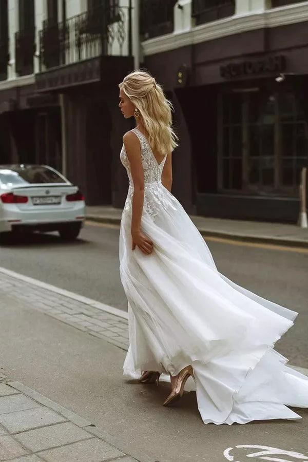 Elegant A-line V Neck Lace Beach Wedding Dresses Bridal Gown  WD607 - Image 3