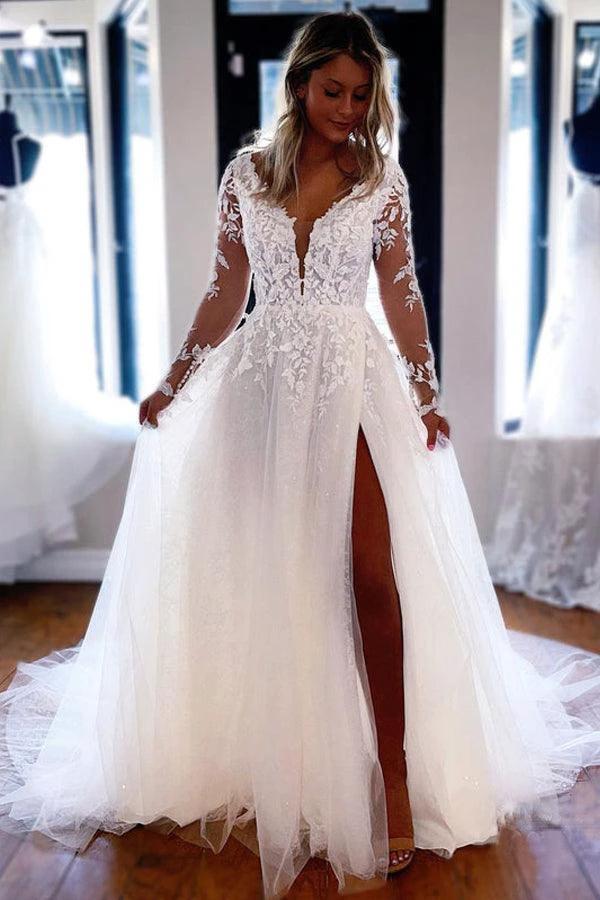 Elegant A-line V Neck Lace Long Sleeves Wedding Dresses WD588 - Image 2